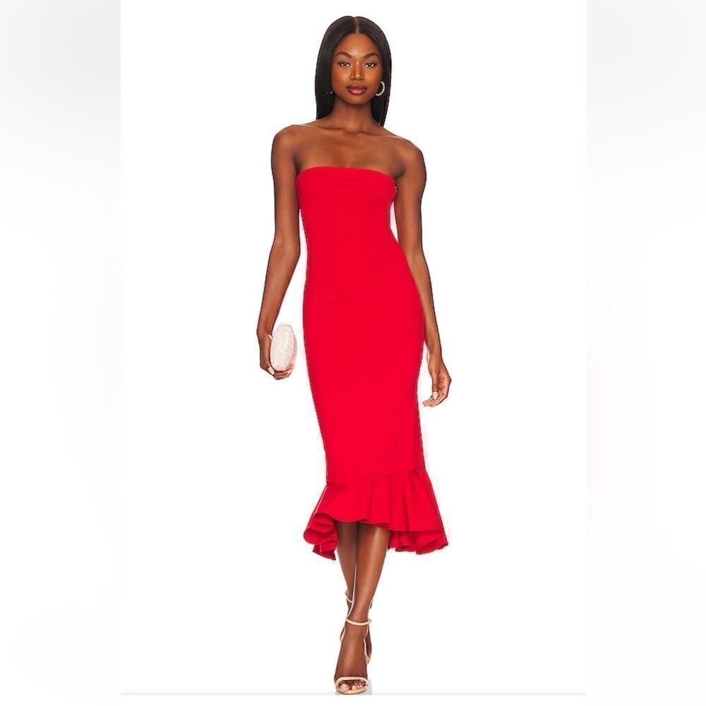 Superdown Izzy Ruffle Midi maxi Dress red strapless stretch cotton Revolve NWT